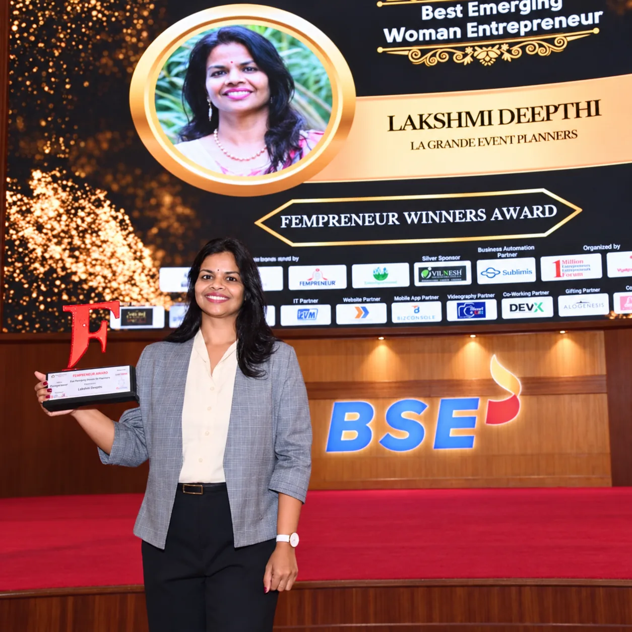 Lakshmi Deepthi, founder of La Grandè Events, wins Best Emerging Woman Entrepreneur at the Fempreneur Awards, BSE